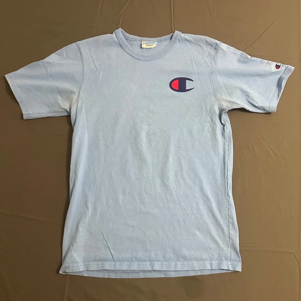 Vintage Champion Big Patch Logo Shirt MENS Medium Powder Blue Tee Vtg Sports